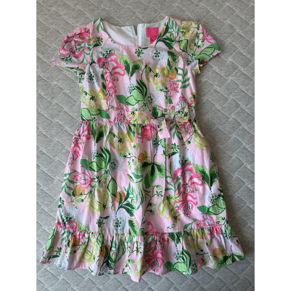 Lilly Pulitzer Dress Girls Size 12 Pink Multi Alexandra Bow Floral Ruffle Spring